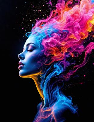 The primary subject of the image is a woman with a colorful, flowing mane. She is the main focus of the image, and her vibrant hair is the center of attention. The setting is a dark background, which contrasts with the woman's hair and adds a dramatic effect to the image. The visual style is a combination of digital art and illustration, creating a unique and artistic representation of the woman. The colors and mood of the image are predominantly blue and purple, giving the scene